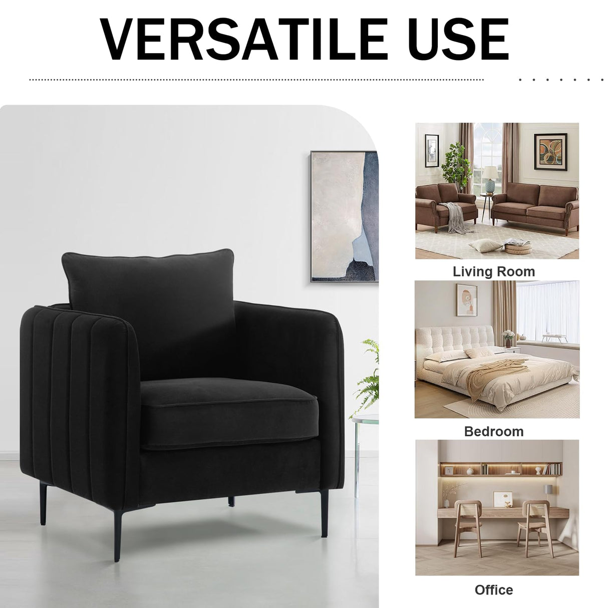 SUHELUFU Modern Black Velvet Accent Chairs, Comfy Upholstered Armchairs with Thick Cushion and Wood Frame for Living Room, Bedroom or Office SUHELUFU