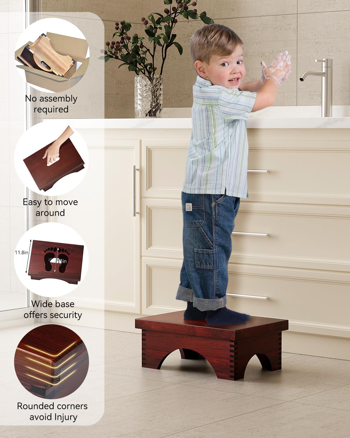 ECROCY Step Stools for Adults Pre-Assembled, Sturdy Foot Stool Lightweight, Portable Wood Step Stool Attractive, Solid Wooden Step Stool with Smooth Finish, Bed Steps for High Beds for Adults ECROCY