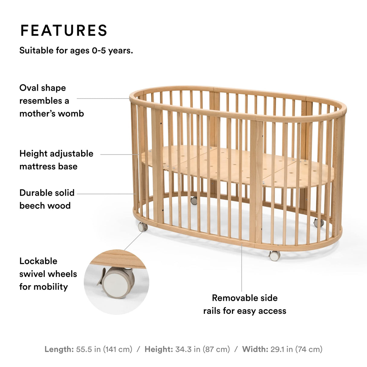Stokke Sleepi Bed, Natural - Oval Crib Suitable for Ages 0-5 Years Old - Adjustable, Stylish & Flexible - Sturdy Beech Wood Frame Stokke
