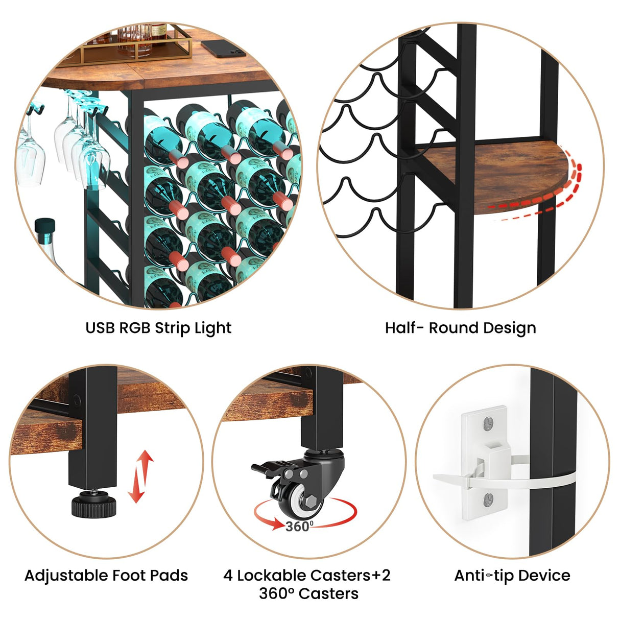 Dripex Wine Bar Table Cabinet with Power Outlet, LED Home Mini Bar Coffee Cabinet for Liquor, Metal Wine Bar Stand with 5-Tier Bottle Storage Shelves, Wine Racks with Glass Holders Dripex
