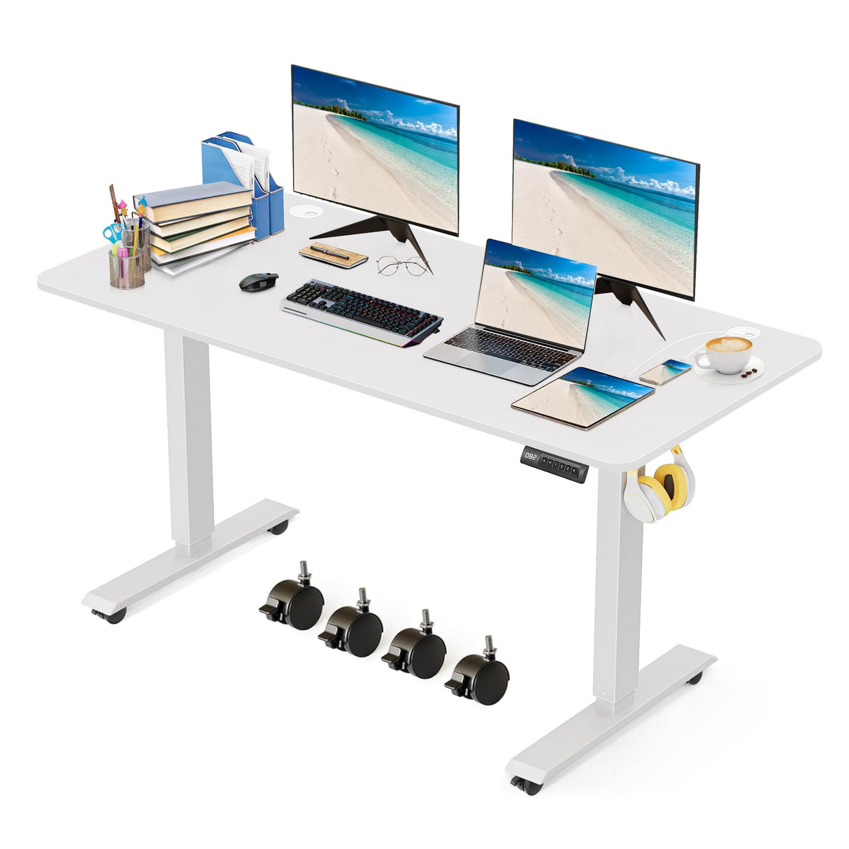 KORGOL Electric Standing Desk 63 x 24 Inches Adjustable Height Sit Stand Up Desk for Home Office Computer Desk Memory Preset with Wheels, White KORGOL