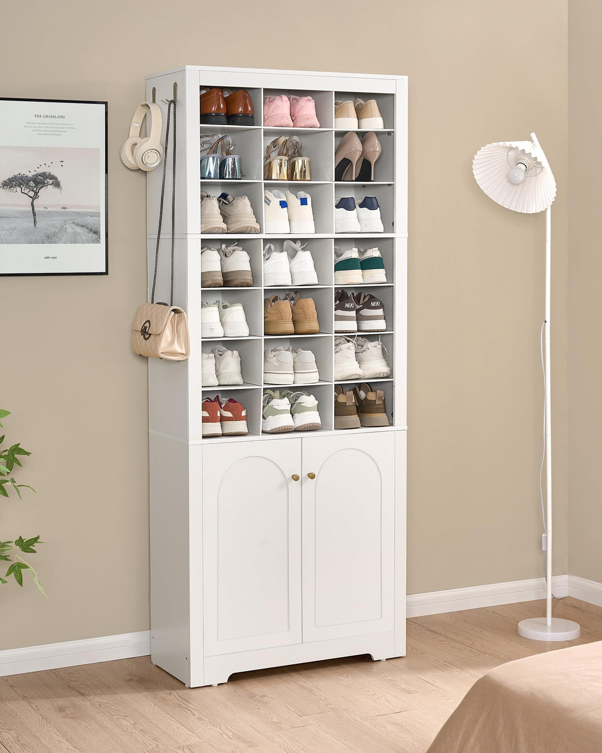 Huaneri Shoe Storage Cabinet with Doors, 30 Pairs Free Standing Closet Organizer, 8.8" Widened Cell Wood Shoe Organizer, 10 Tiers Space Saving Vertical Shoe Rack for Entryway, Bedroom, White SR18903X Hzuaneri