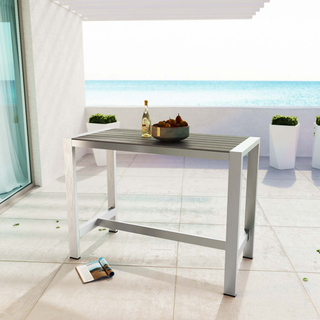 Modway Shore Aluminum Outdoor Patio 60" Rectangle Bar Table in Silver Gray Modway