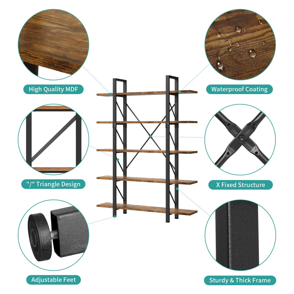 YITAHOME 5 Tier Bookcase, Artsy Modern Bookshelf, Book Rack, Storage Rack Shelves in Living Room/Home/Office, Books Holder Organizer for Books/Movies - Rustic Brown YITAHOME