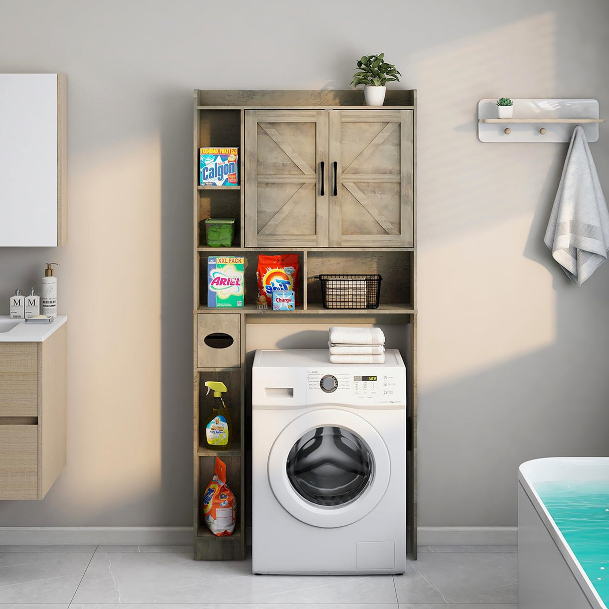 Vabches Grey Farmhouse Over The Toilet Storage Cabinet with Barn Doors and Toilet Paper Holder Vabches