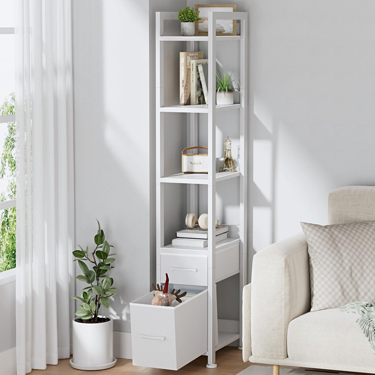 KLUVIS White Narrow Bookshelf with Storage Drawers - 5 Tier Thin Book Shelf for Small Spaces Skinny Shelves Slim Farmhouse 2 Fabric Drawer 60 inch Tall (03W) KLUVIS