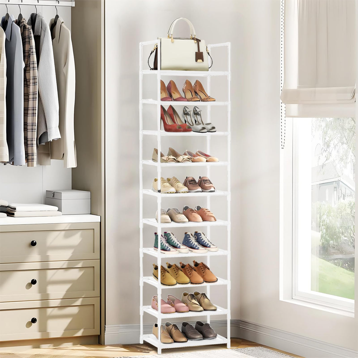 barsone Shoe Rack 10 Tiers, 20-25 Pairs Shoe Organizer Storage Shelf Stand Tower Shoe Rack, Space Saving Shoe Shelves Narrow Free Standing Shoe Rack for Closet Entryway Hallway Apartment Garage(White) barsone