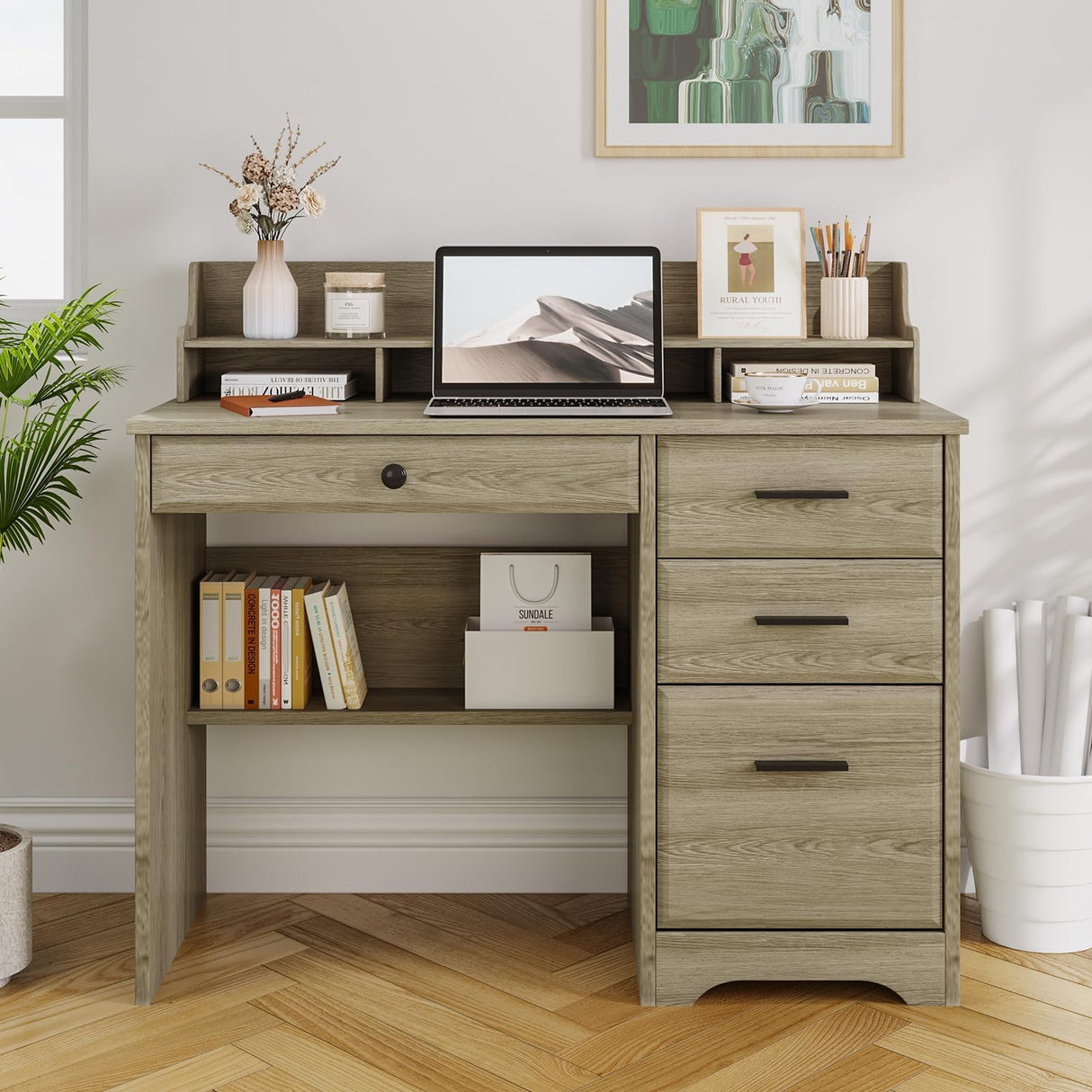 4 EVER WINNER Computer Desk with Drawers, Farmhouse Home Office Desk with Monitor Stand and File Drawer, Wood Simple PC Desk with Storage, Writing Desk for Bedroom, Grey 4 EVER WINNER