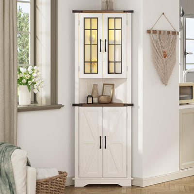 Halitaa Farmhouse Corner Cabinet with LED Light - Antique White & Rustic Oak Storage Solution