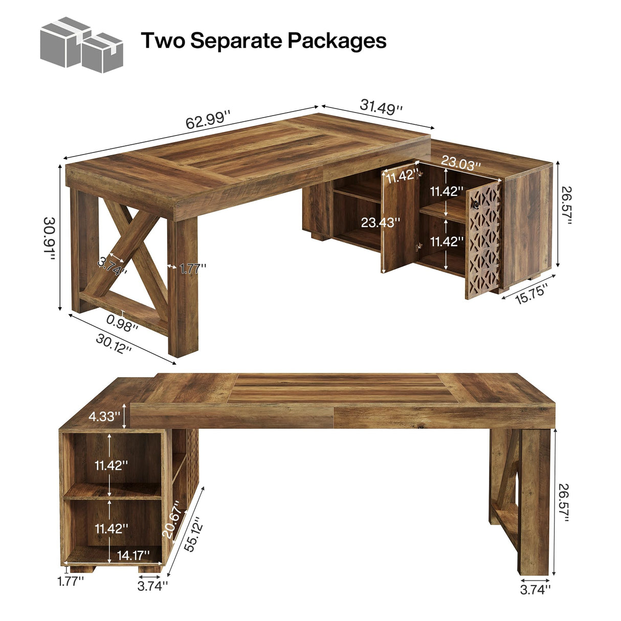 Tribesigns Farmhouse 63-Inch Executive Desk, L-Shaped Boss Desk Home Office Desks with Storage Shelves and Cabinet, Large Business Furniture Set for Home Office, Brown Tribesigns