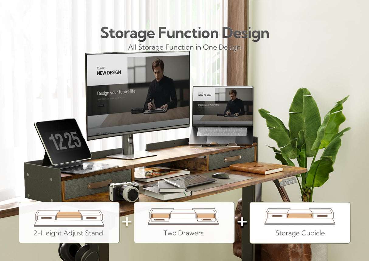 Claiks Standing Desk with Drawers, Adjustable Stand Up Electric Standing Desk Adjustable Height, Sit Stand Desk with Storage Shelf and Splice Board, 63 Inch, Rustic Brown Claiks