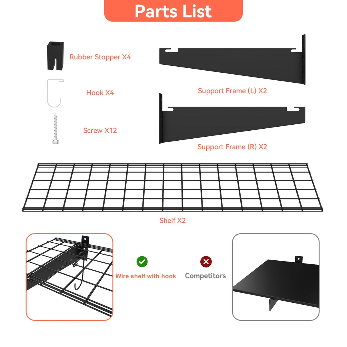 TORACK 2 Pack Garage Wall Shelves, 15" x 45" Wall Mounted Wire Shelves for Garage Heavy Duty Wall Shelving(Pack of 2, Black) TORACK