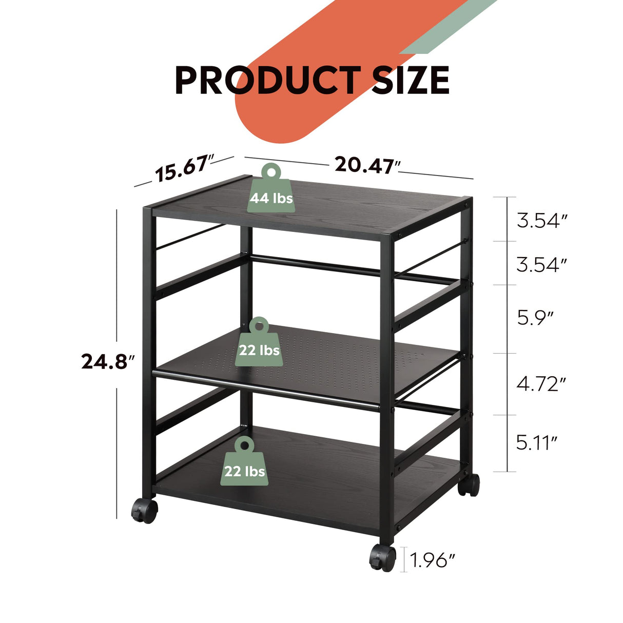 DEVAISE Mobile 3-Shelf Printer Stand with Adjustable Shelves, Modern Printer Cart with Large Storage Space, Printer Stand for Home Office, Black DEVAISE