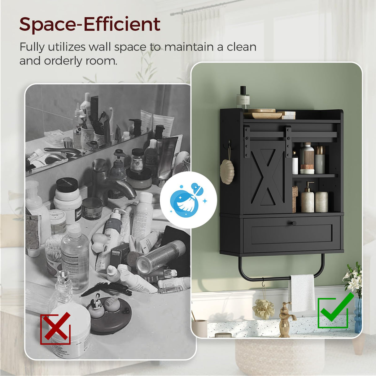 MAHANCRIS Bathroom Wall Cabinet, Farmhouse Medicine Cabinets with Sliding Door, Wall Mounted Storage Cabinet with Adjustable Shelf and Towel Bar, for Bathroom, Living Room, Kitchen, Black MAHANCRIS