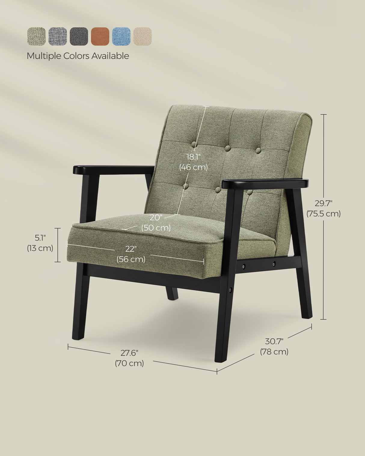 SONGMICS Accent Leisure Chair, Mid-Century Modern Arm Chair with Solid Wood Armrests and Legs, 1-Seat Cushioned Sofa for Living Room Bedroom Balcony Studio, Olive Green ULAC001C01 SONGMICS