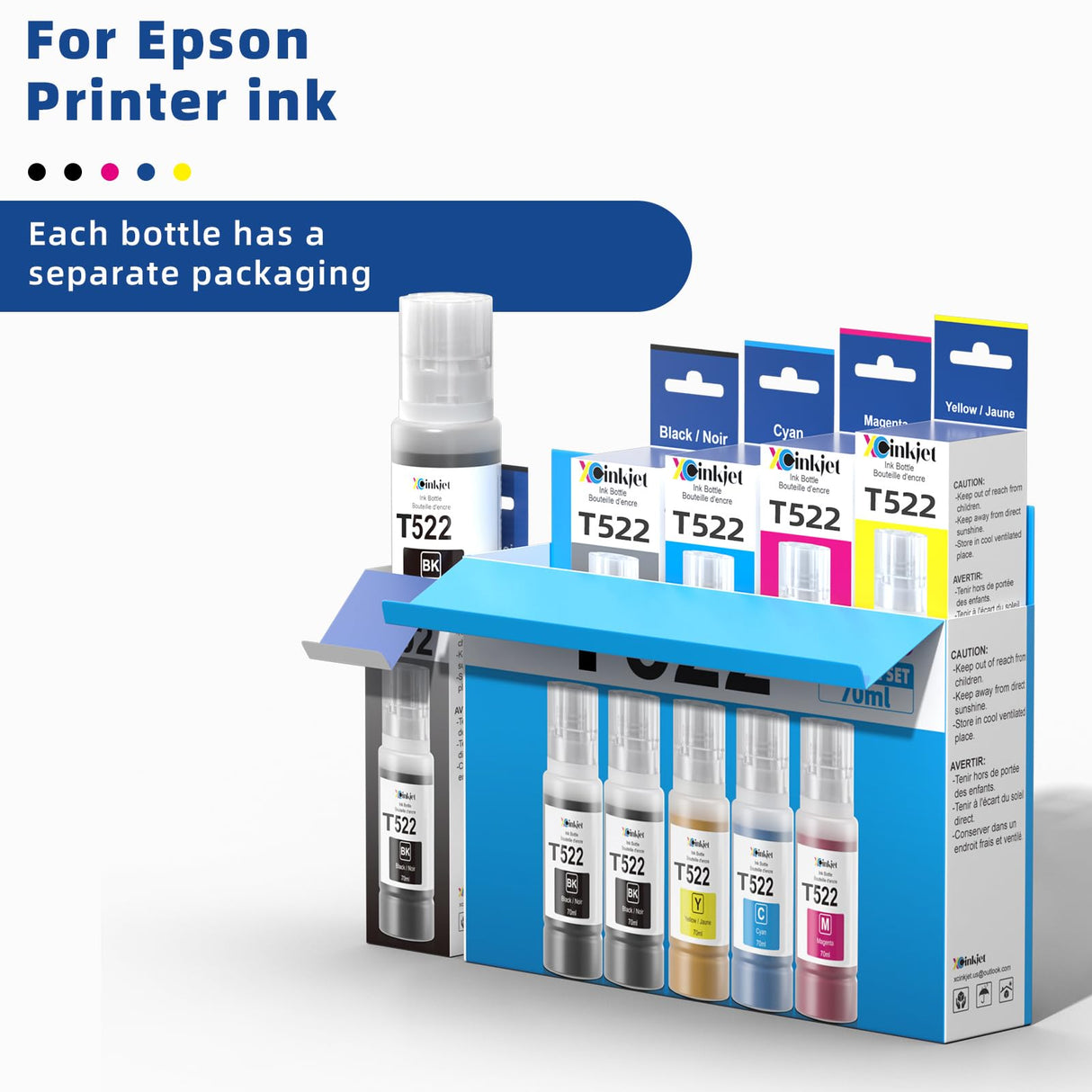 Xcinkjet 522 Ink Refill Bottles for Ecotank ET-2800 ET-2720 ET-2803 ET-4800 ET-2760 ET-2800 ET-4700 T522 Eco Tank Printer (2BK C M Y) Xcinkjet