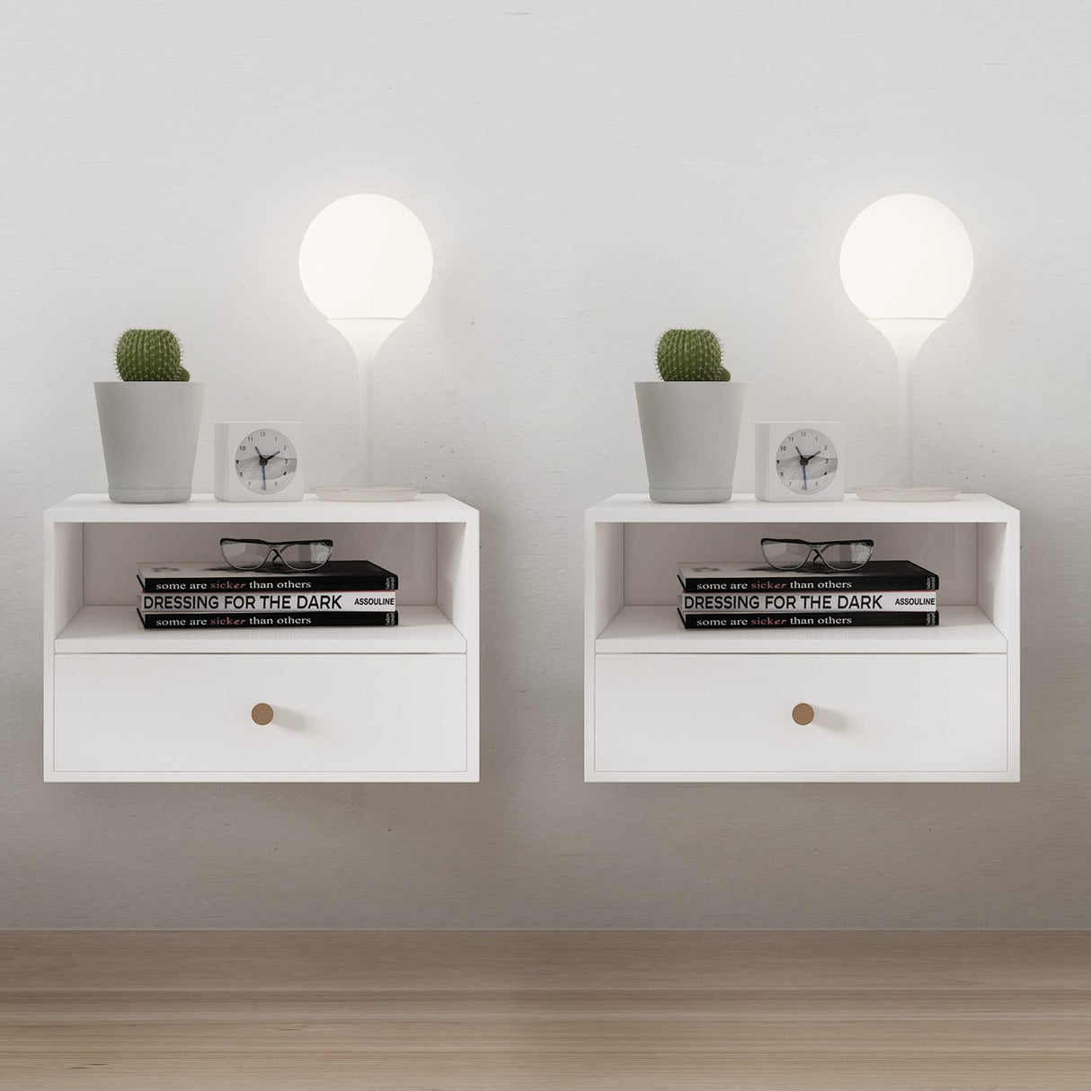 RANK Floating Nightstand Modern White Nightstands Side Table Wall Mounted Shelf with Drawer Storage for Living Room, Bedroom RANK