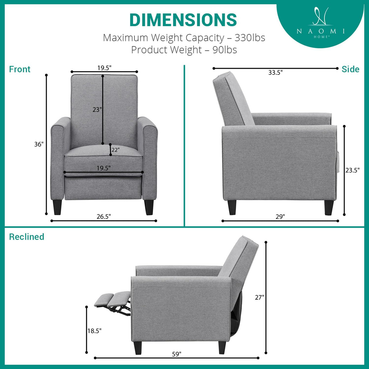 Naomi Home Landon Gray Microfiber Push-Back Recliner, Compact Comfort for Small Spaces, Plush Cushioning, Modern Armless Club Chair Naomi Home