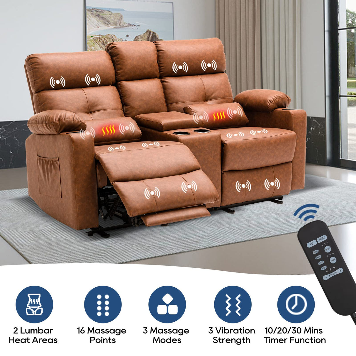 RIHEREFY 68'' RV Loveseat Recliner Sofa| RV Power Reclining Loveseat with Console & Cup Holder | RV Double Recliner Sofa | RV Theater Seating Loveseat(PU, Brown) RIHEREFY