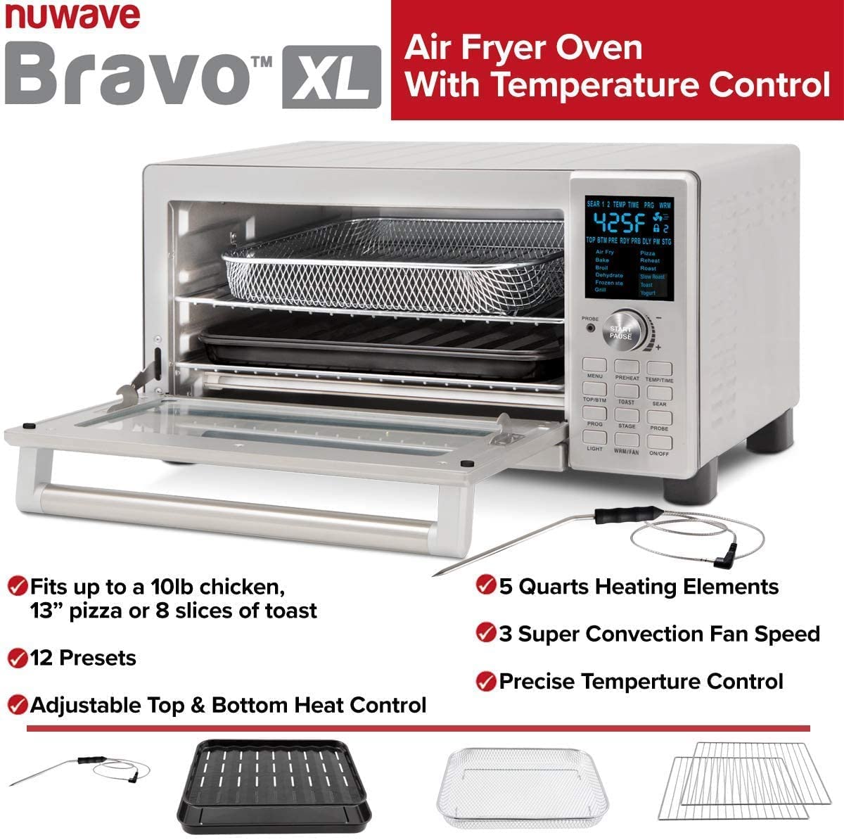 Nuwave Bravo Air Fryer Toaster Smart Oven, 12-in-1 Countertop Convection, 30-QT XL Capacity, 50°-500°F Controls, Top and Bottom Heater Adjustments 0%-100%, Brushed Stainless Steel Look (Renewed) Nuwave