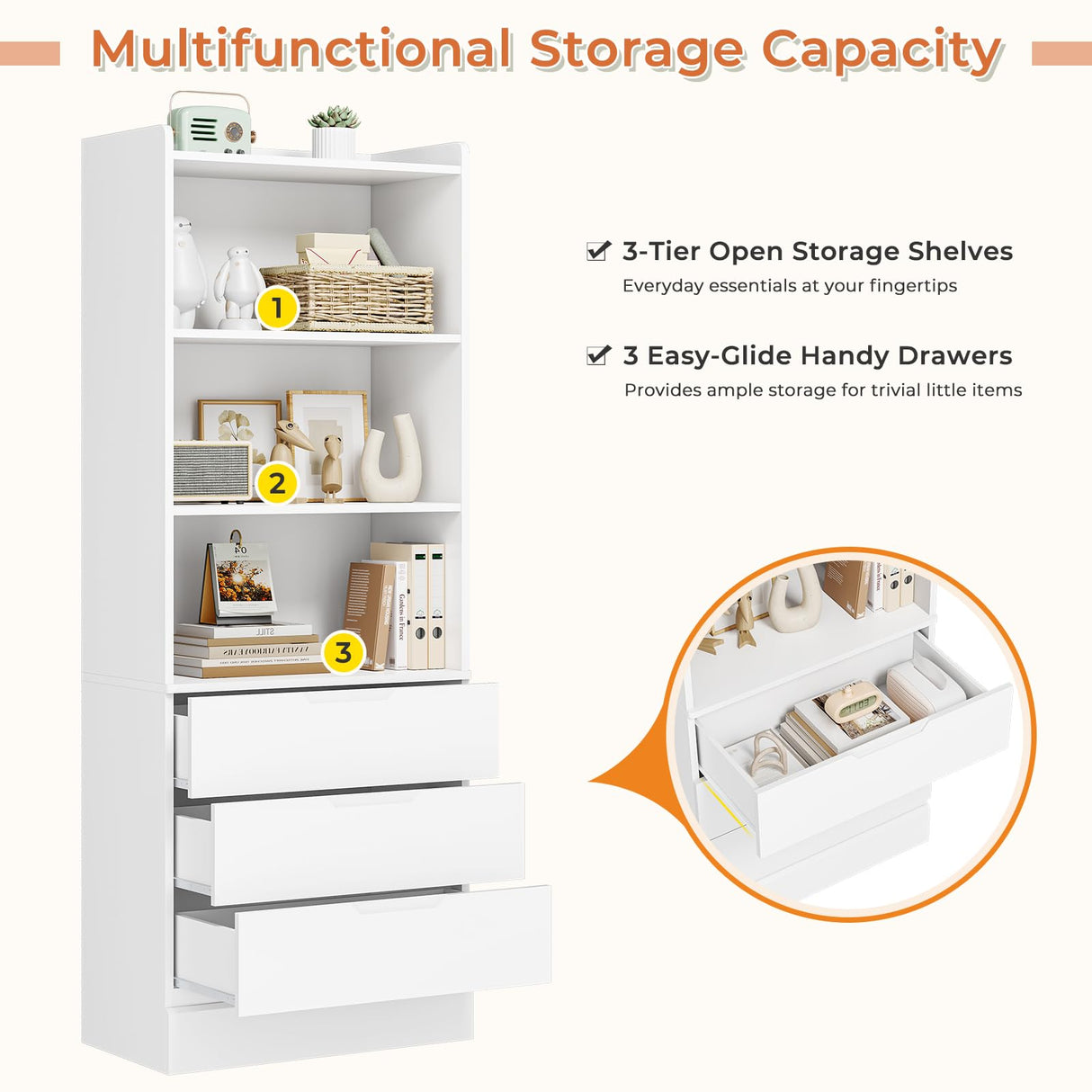 DICTAC 73.23'' Tall Storage Cabinet Bookcase with 3 Drawers and 3-Tier Open Shelves Wooden Bookshelf Kitchen Pantry Storage Organizer Cabinets for Living Room, Study, Kitchen,Bathroom,White DICTAC