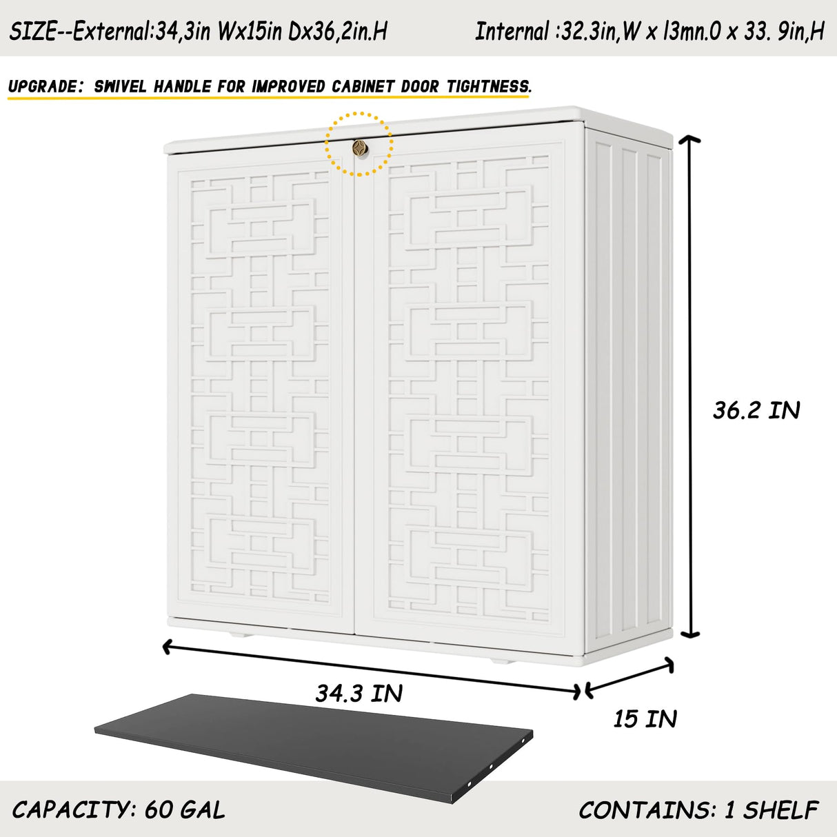Mrosaa Indoor Outdoor Storage Cabinet Waterproof with Shelf, Off White Plastic Outdoor Cabinets for Patio/Garden/Backyard, Size 34.3''L*15''W*36.2''H Mrosaa