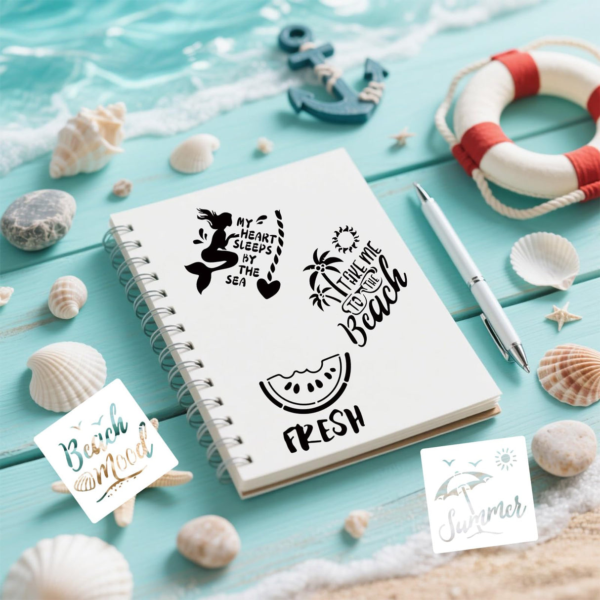 16pcs Beach Theme Stencils for Painting, 8in Reusable Plastic Ocean Stencils Perfect for DIY Summer Beach Art on Wood Fabric and Walls Tinoaly
