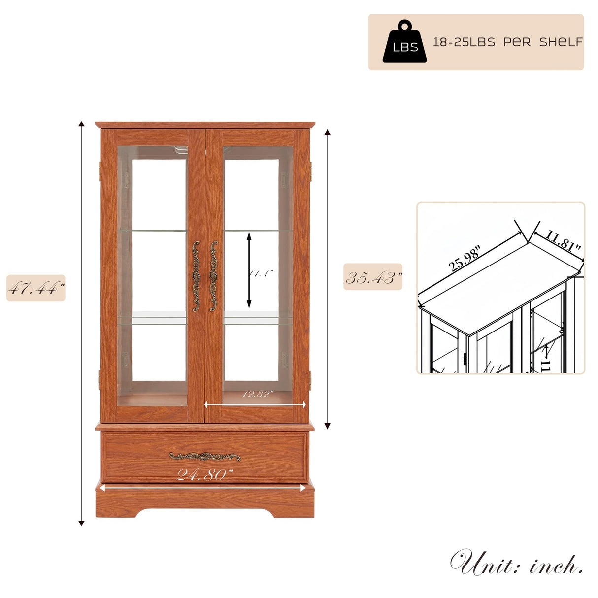 Eyisean Lighted Curio Cabinet 47" H China Cabinet with Tempered Glass Doors, 3-Tier Adjustable Shelves and Acrylic Mirrored Back Pane, Glass Display Cabinet for Living Room (Dark Oak) Eyisean