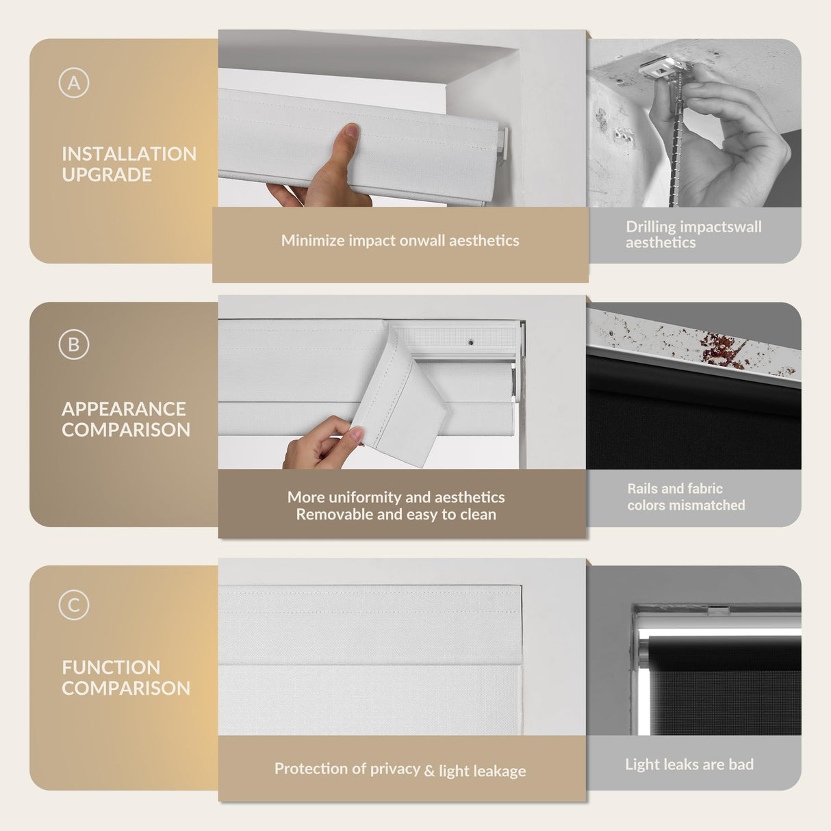 Boolegon No Drill No Tools Roller Shades for Windows, Blackout Linen Fabric, Cordless Roller Blinds, Thermal Insulated UV Protection Window Shades for Home,Bedroom,Office, Blackout-Beige,Custom Size Boolegon