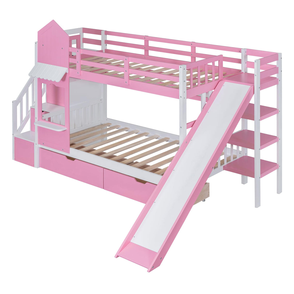 Ball & Cast Twin-Over-Twin Castle Style Bunk Bed,Wood Bunkbed w/ 2 Drawers and 3 Shelves,Full-Length Fence,Bedframe with Slide & Storage Ladder,Space Saving,Slat Support,for Child's Bedroom,Pink Ball & Cast