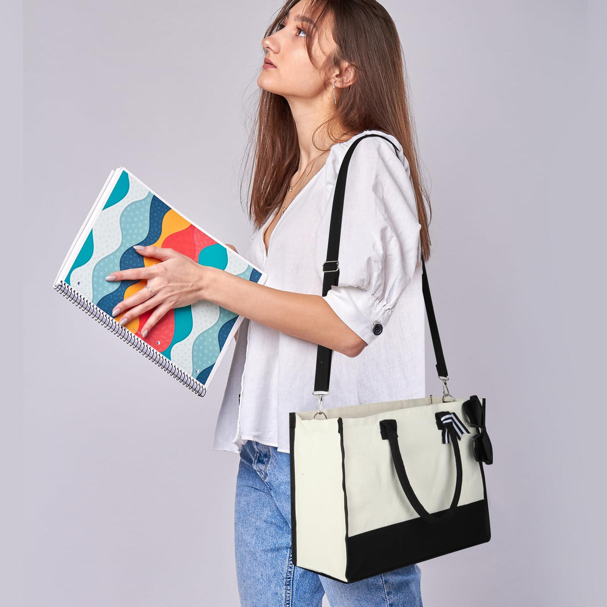 yeload 6 Pieces Canvas Tote Bags with Handles Shoulder Strap - Black and White Blank Sublimation Tote Bags for Women, Bridesmaids, and Daily Use - Bulk Zipper Tote Bags for DIY Crafts and Gifts yeload