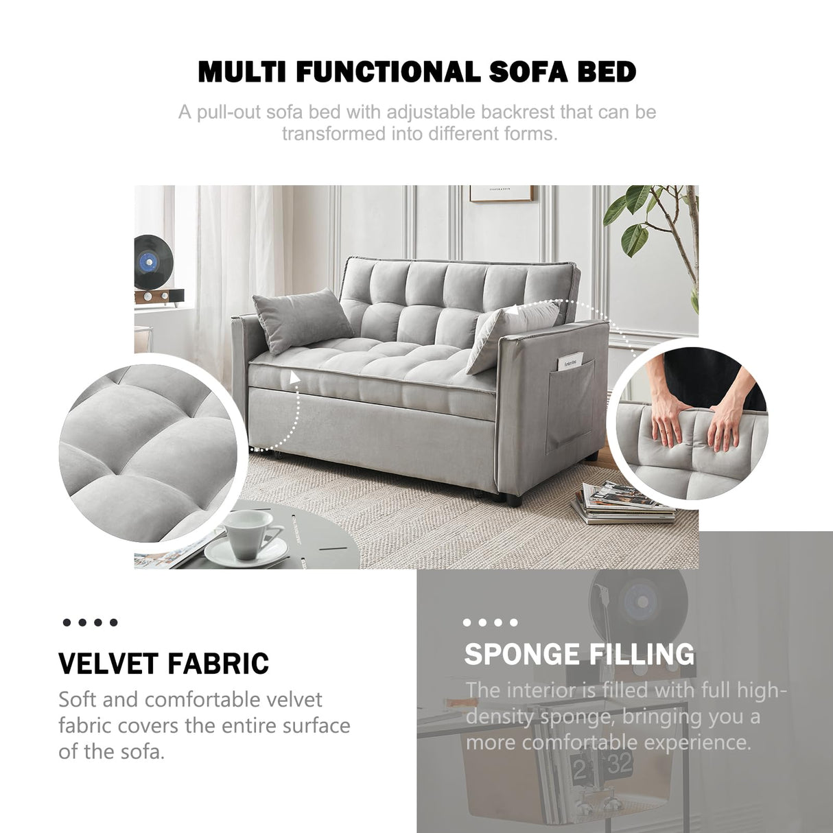ECHINGLE Futon Sofa Bed, 3 in 1 Sleeper Sofa Couch Bed with Armrests, Storage Pockets and 2 Pillows, Adjustable Backrest, Sofa Bed Couch for Living Room, Bedroom, Office,Reading Room(Grey) ECHINGLE