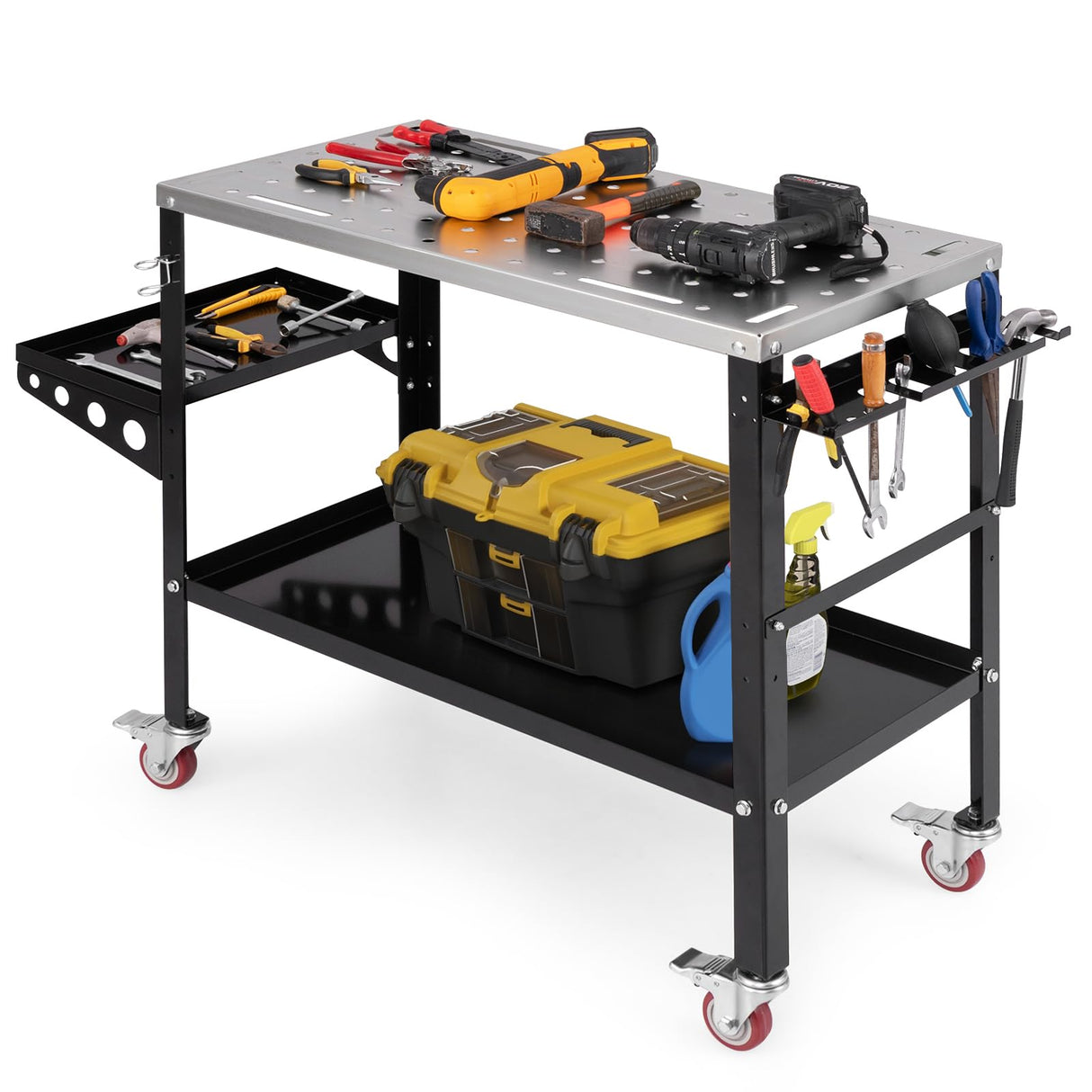 Toolsempire Welding Table, 1200 lbs Load Capacity Welding Workbench Table with Tool Rack & Tray, 5/8” Fixture Holes, Bottom Shelf, Portable Welding Cart with 4 Lockable Wheels for Welding, Sawing Toolsempire