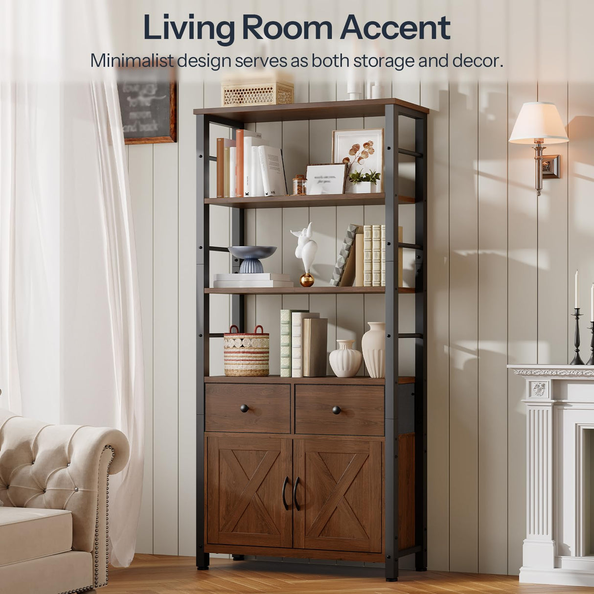 HOOBRO Bookshelf with Doors, Rustic Bookshelf with Drawers, Industrial Display Standing Shelf Units, Wooden and Metal Storage Shelf for Living Room, Home Office, Dining Room, Walnut and Black BH75SJ01 HOOBRO