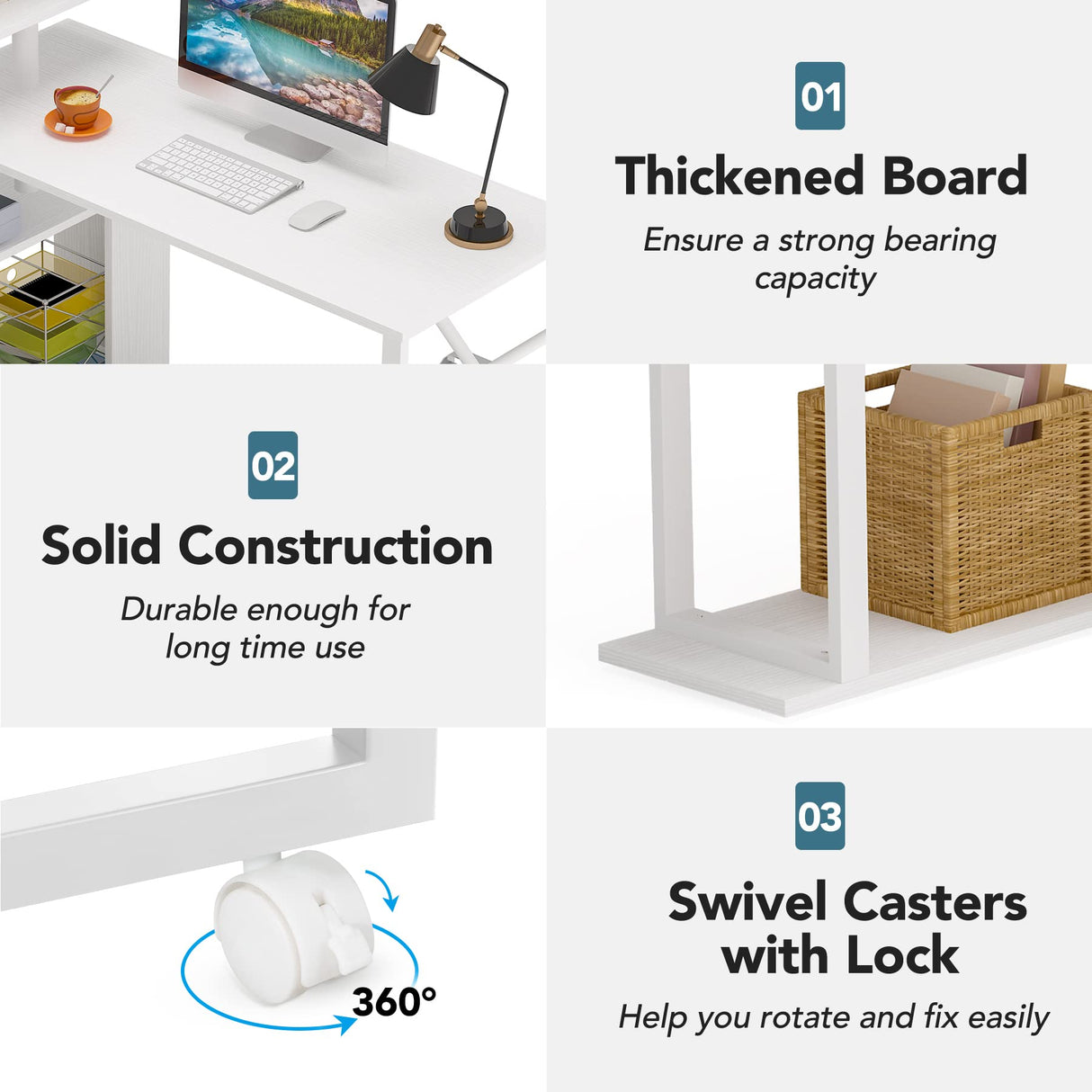 Tribesigns Rotating Computer Desk with 5 Shelves Bookshelf, Modern L-Shaped Corner Desk with Storage, Reversible Office Desk Study Table Writing Desk on Wheels for Home Office (White) Tribesigns