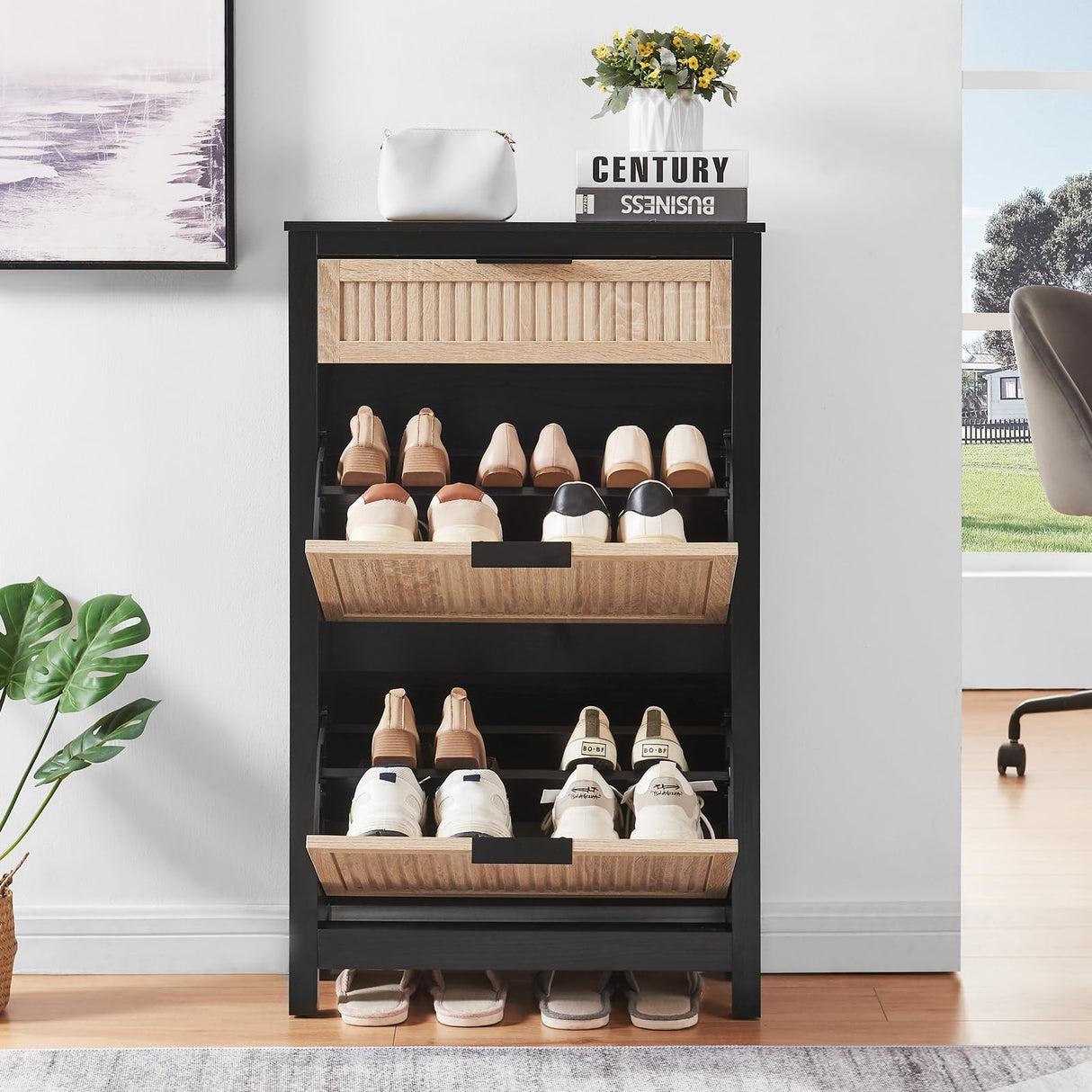 HUSHEDIFY 2 Flip Drawers Shoe Cabinet Storage for Entryway, Narrow Shoes Organizer Cabinet for Front Door Entrance, Free Standing Hidden Wooden Hallway Shoe Rack(Oak&Black) HUSHEDIFY