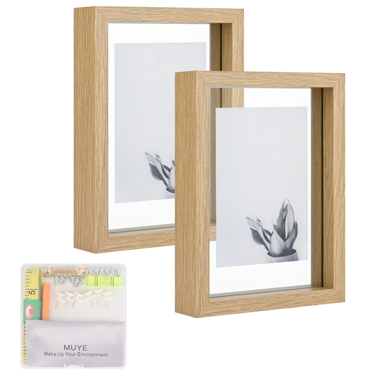 MUYE 5x7 Floating Frame Set of 2,Double Glass Rustic Photo Frame for Wall Hanging or Tabletop Standing,Also Display 4x6 or 3x5 Photo for Floating Effect,Natural MUYE