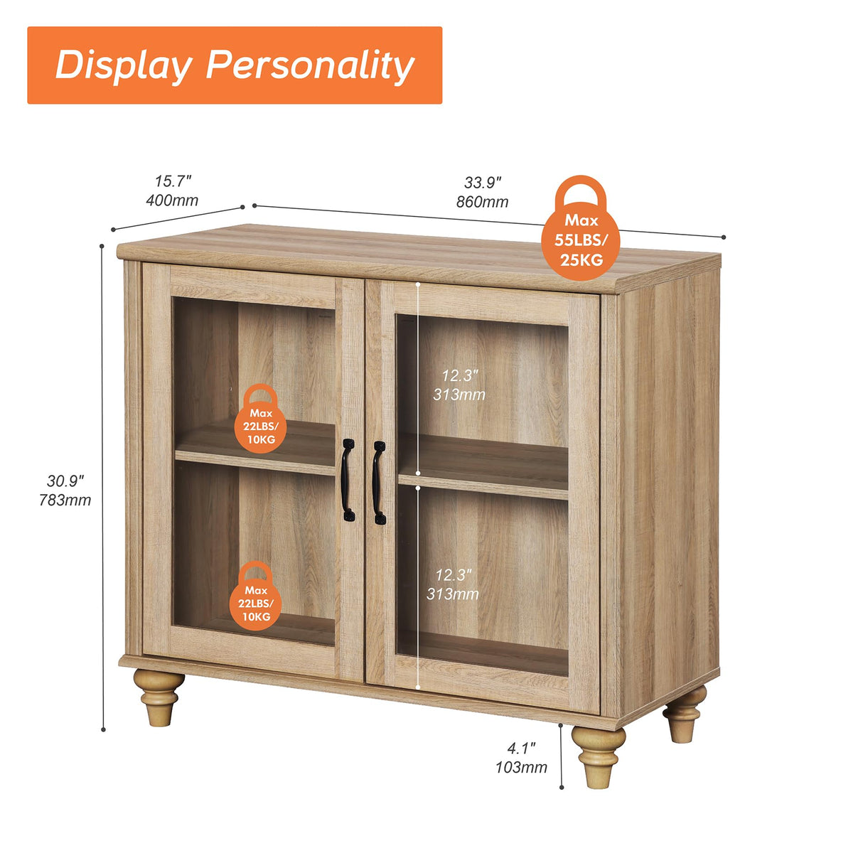 WAMAPT Sideboard Buffet Cabinets with Glass Door, Kitchen Storage Cabinets, Wood Coffee Bar Tables with Adjustable Shelf, Accent Sideboard Storage Cabinet Table Dining Room, Living Room,Oak 34 inch WAMPAT