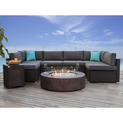 COSIEST 9 Piece Propane Firepit Table Wicker Sectional Sofa,Chocolate Brown Patio Set w 40.5-inch Round Bronze Fire Table (50,000 BTU), Wind Guard and Tank Outside (20lb) for Garden,Pool,Backyard