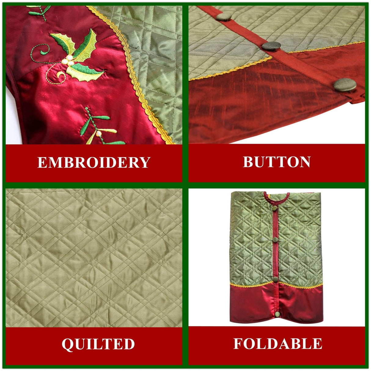 X.Sem Quilted Faux Silk Christmas Tree Skirt, Holly Leaves Embroidery Border - 50-Inch ONGLYP