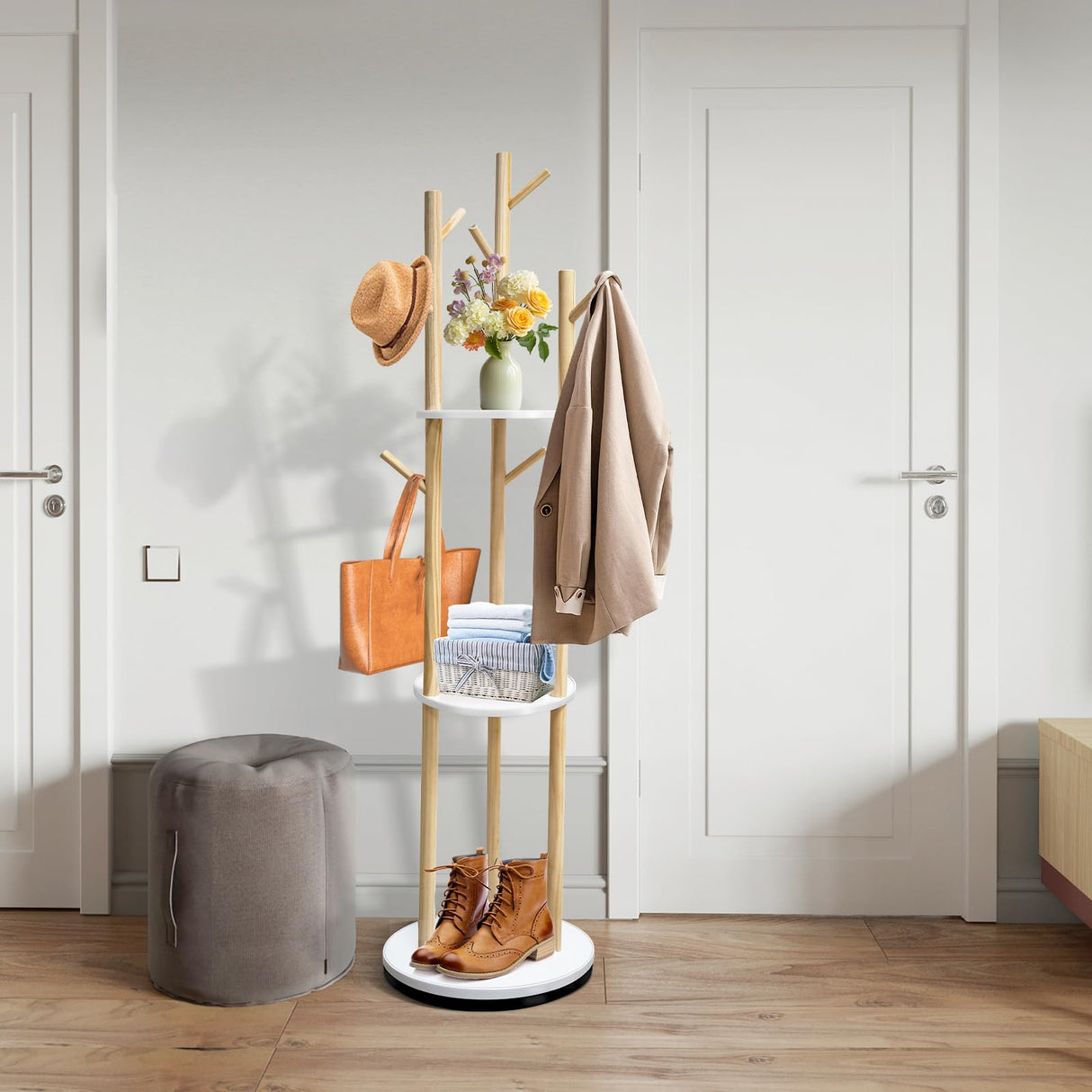 LIWSHWZ Solid Wood Coat Rack,Rotary Coat Rack Freestanding with 3 Shelves and 9 Hooks,Sturdy and Easy to Assemble Coat Tree for Entryway, Bedroom, Coats, Bags(Natural) LIWSHWZ