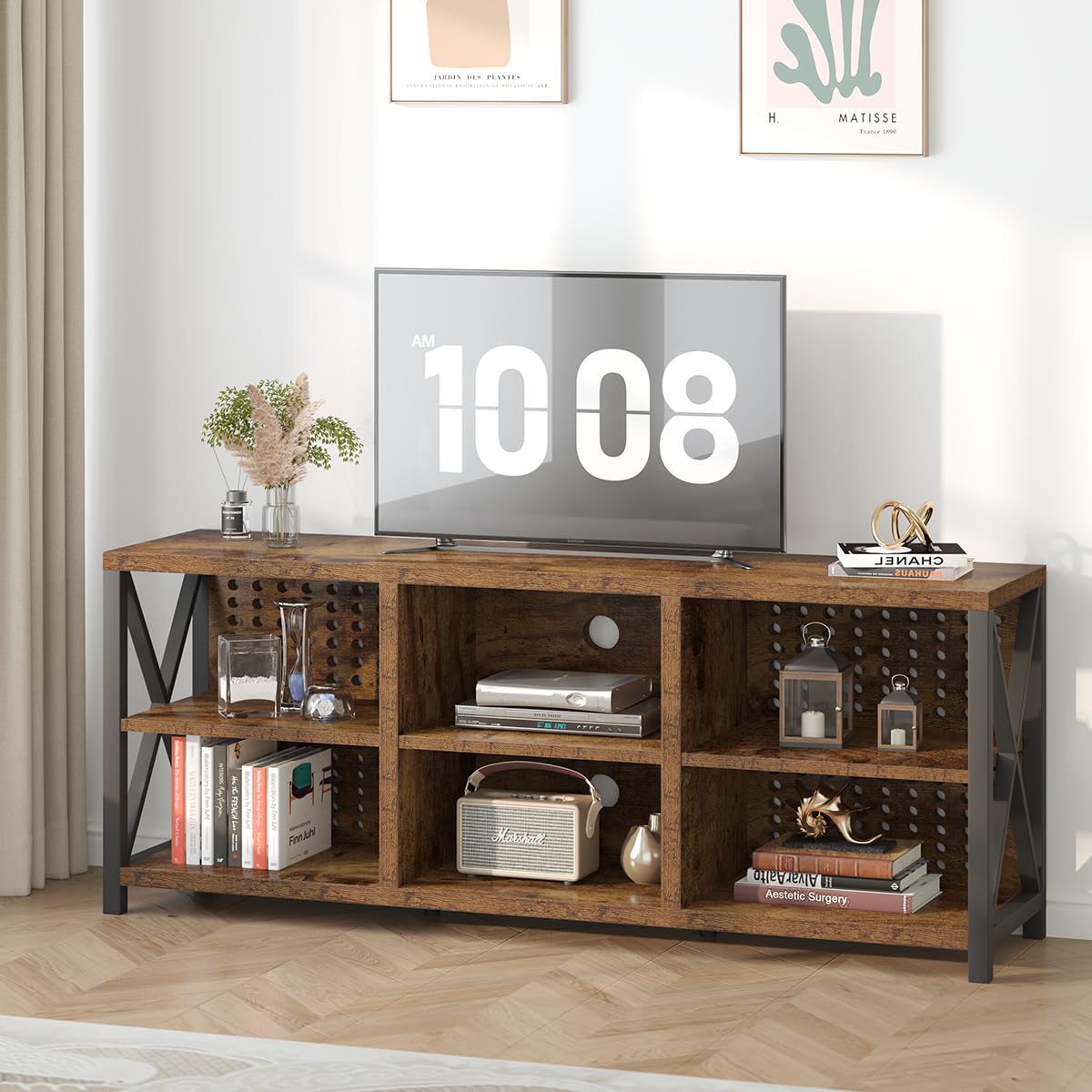 LVB TV Stand for 75 Inch TV, Industrial Wood and Metal Entertainment Center with Storage Shelf, Modern Television Media Console Table with Cabinet for Living Room Bedroom, Rustic Brown, 63in LVB