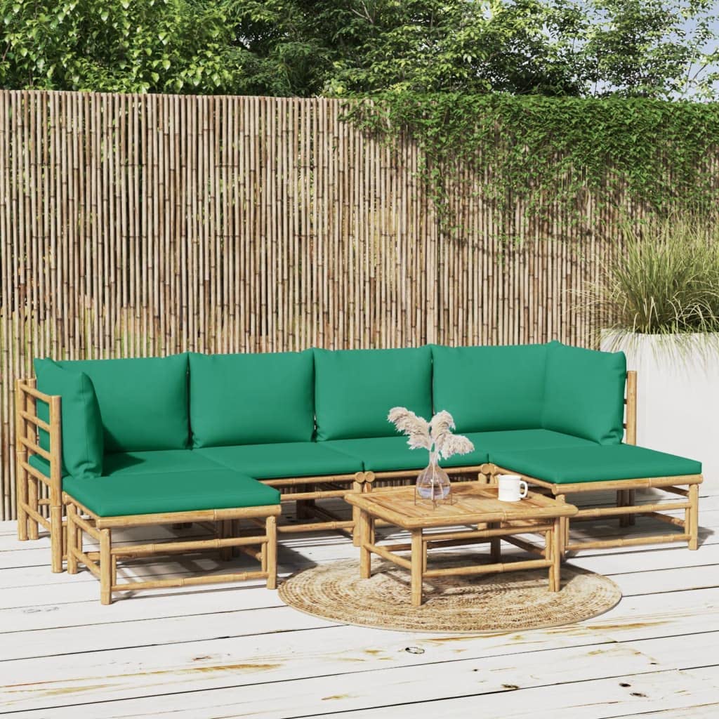 vidaXL 7-Piece Patio Lounge Set, Outdoor Furniture with Green Cushions, Durable Bamboo Material, Comfortable Seating with Practical Table, Modular Design, Easy Assembly vidaXL