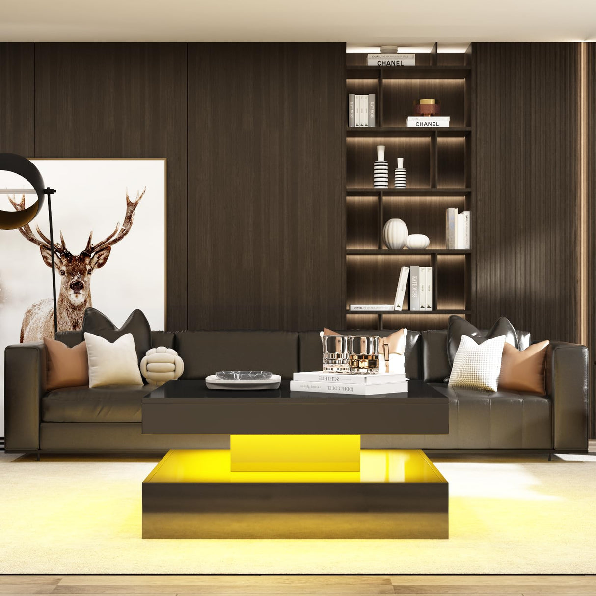 Black Coffee Table Square with LED Lights, High Glossy Center Table with Storage, Lighted Cocktail Table with Sliding Drawers, Modern Mid Century Table for Living Room, Home and Office Generic