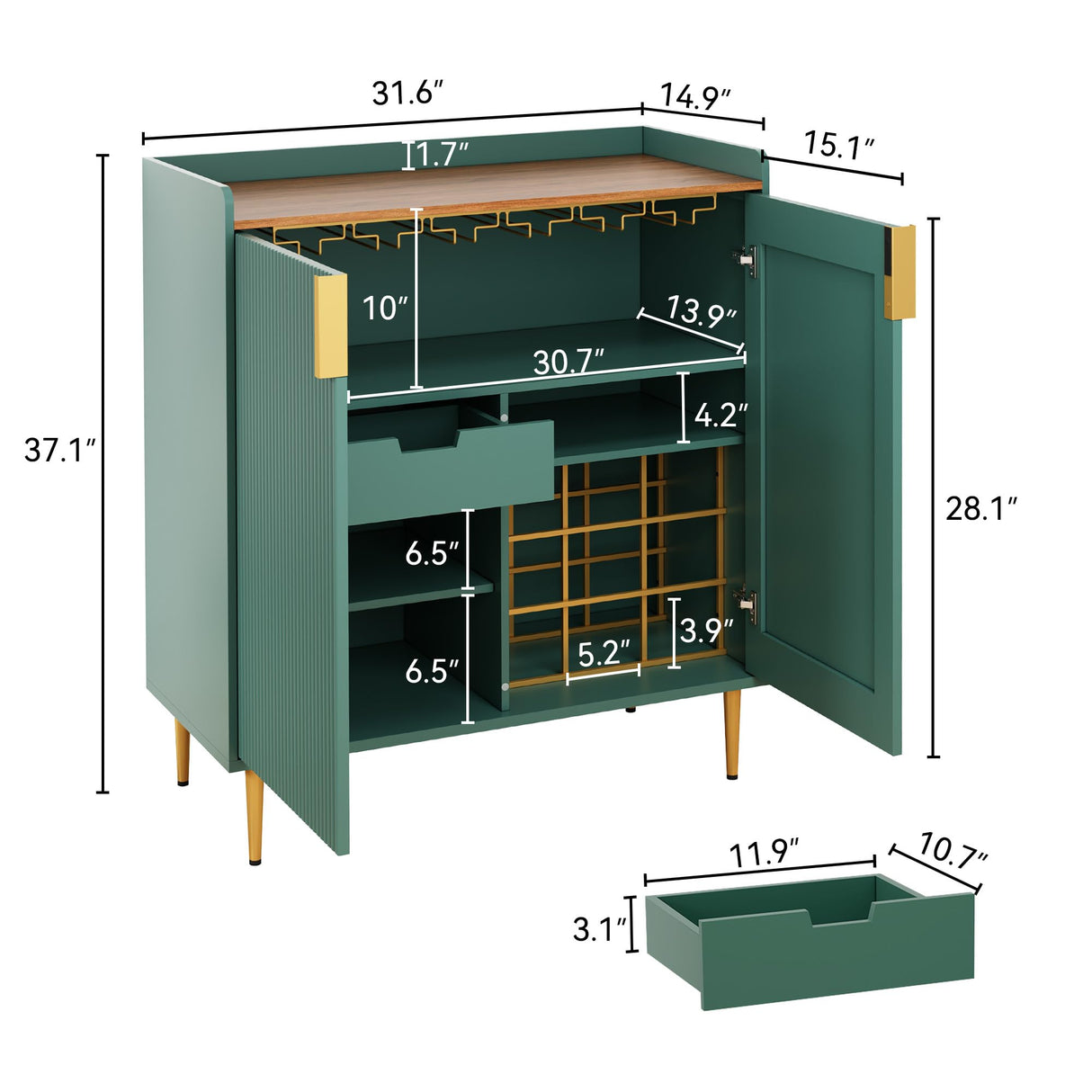 ARTPOWER Coffee Bar Cabinet with Wine Racks, Green Liquor Cabinet with Fluted Texture, Modern Sideboard Buffet Cabinet for Kitchen Dining Room, Living Room ARTPOWER