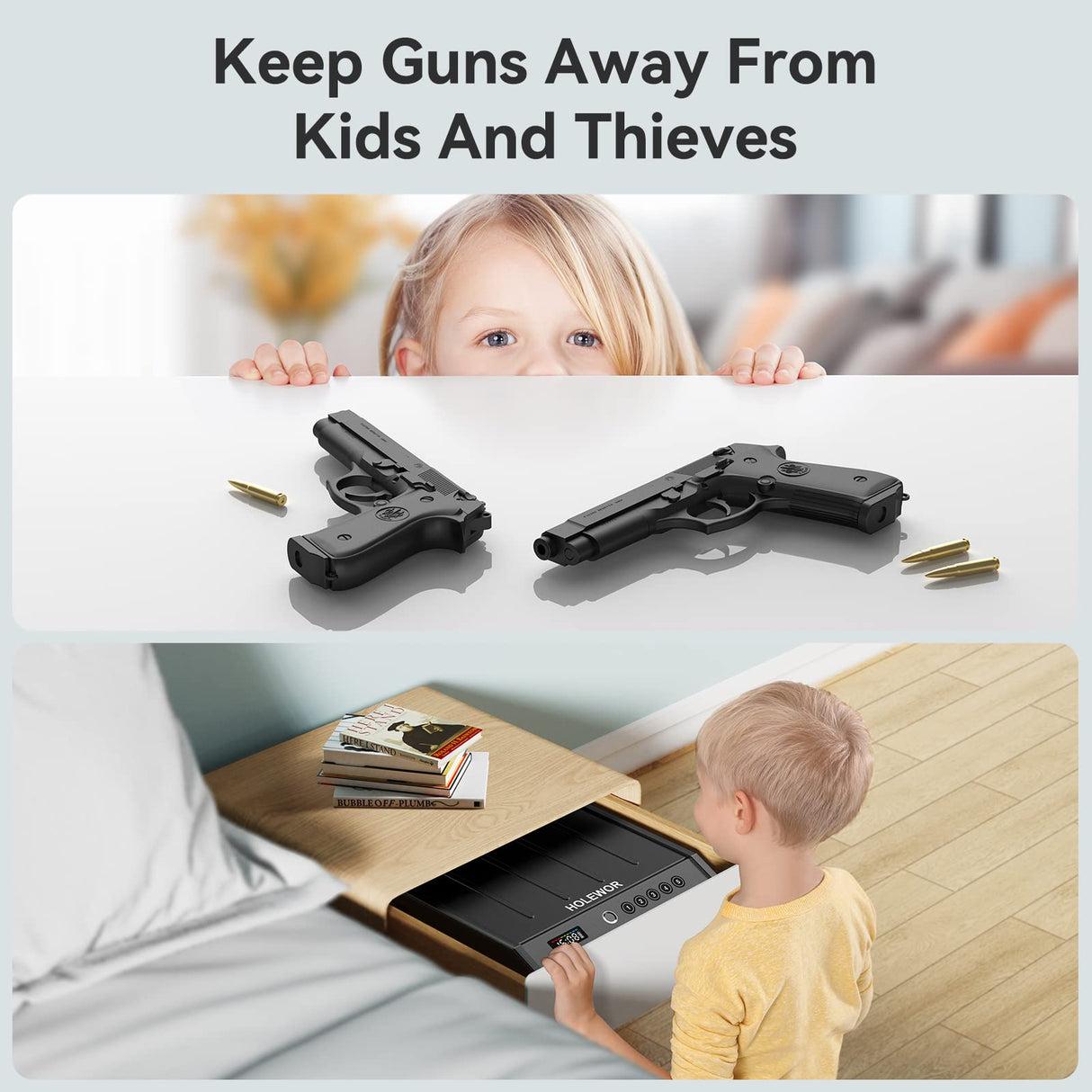 HOLEWOR Gun Safe, Biometric Gun Safes for Pistols with LCD Display of Time Battery, Fingerprint Quick Access Handgun Safe Pistol Safe for Bedside, Nightstand, Car, 2 Gun Capacity Black HOLEWOR