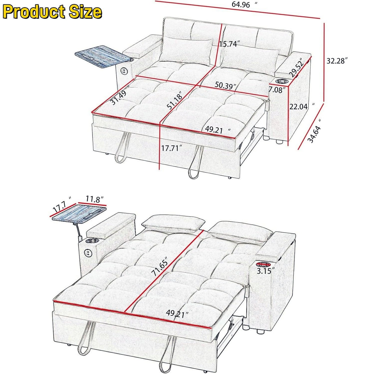 oaaktu Large Size Convertible Sleeper Sofa Bed,Polka dot Velvet Pull Out Futon Couch with Storage handrails & Rotating Side Tables,Convertible Sofa Couch for Living Room,RV (Dark Grey) oaaktu
