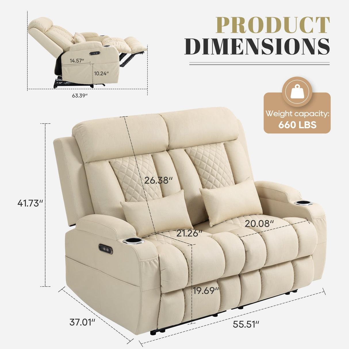 Zero Wall Hugger Power Reclining Loveseat with Adjustable Headrest, Fabric Electric Recliner Sofa with USB & Type-C Ports, Dual Cup Holders, 2-Seater Couch for Living Room, RV, Home Theater (Beige) LURVIA