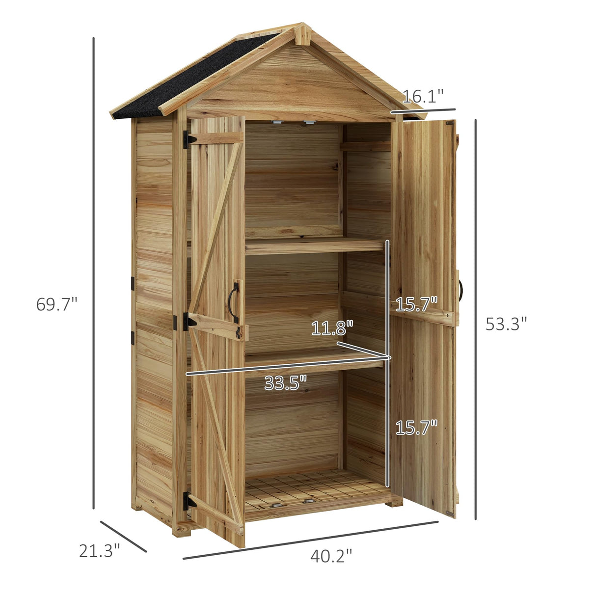Outsunny Outdoor Storage Cabinet with Waterproof Asphalt Roof, Wooden Garden Shed with Double Lockable Doors and Shelves, Wood Tool Shed for Backyard, Patio, Lawn, Natural Outsunny