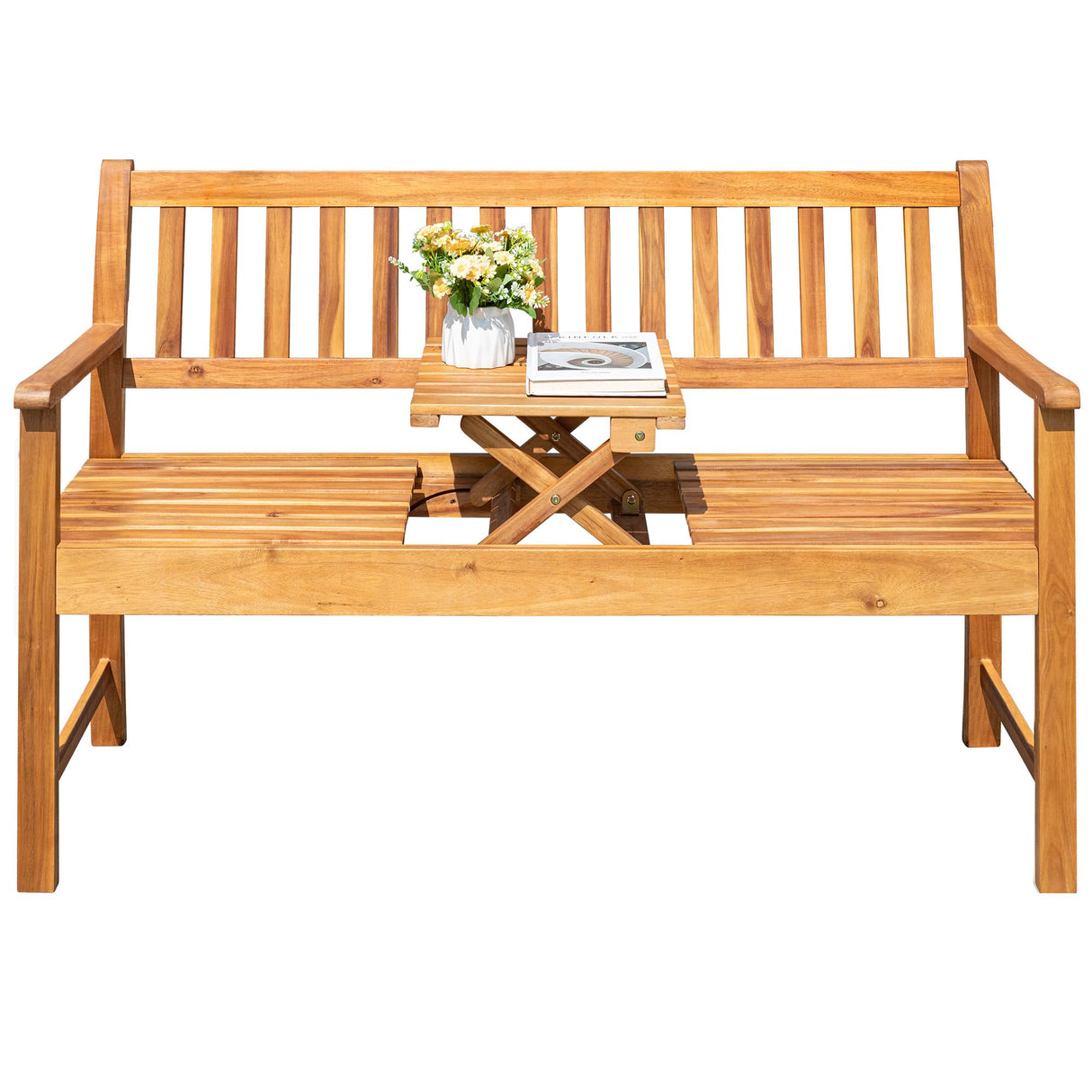 Greesum Outdoor Bench 2-Person Acacia Garden Chair Patio Porch Furniture with Foldable Small Table Plate for Deck, Yard, Balcony, Natural Greesum